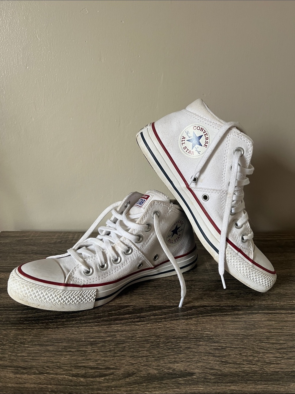 Converse White Sneakers with Red & Navy Trim